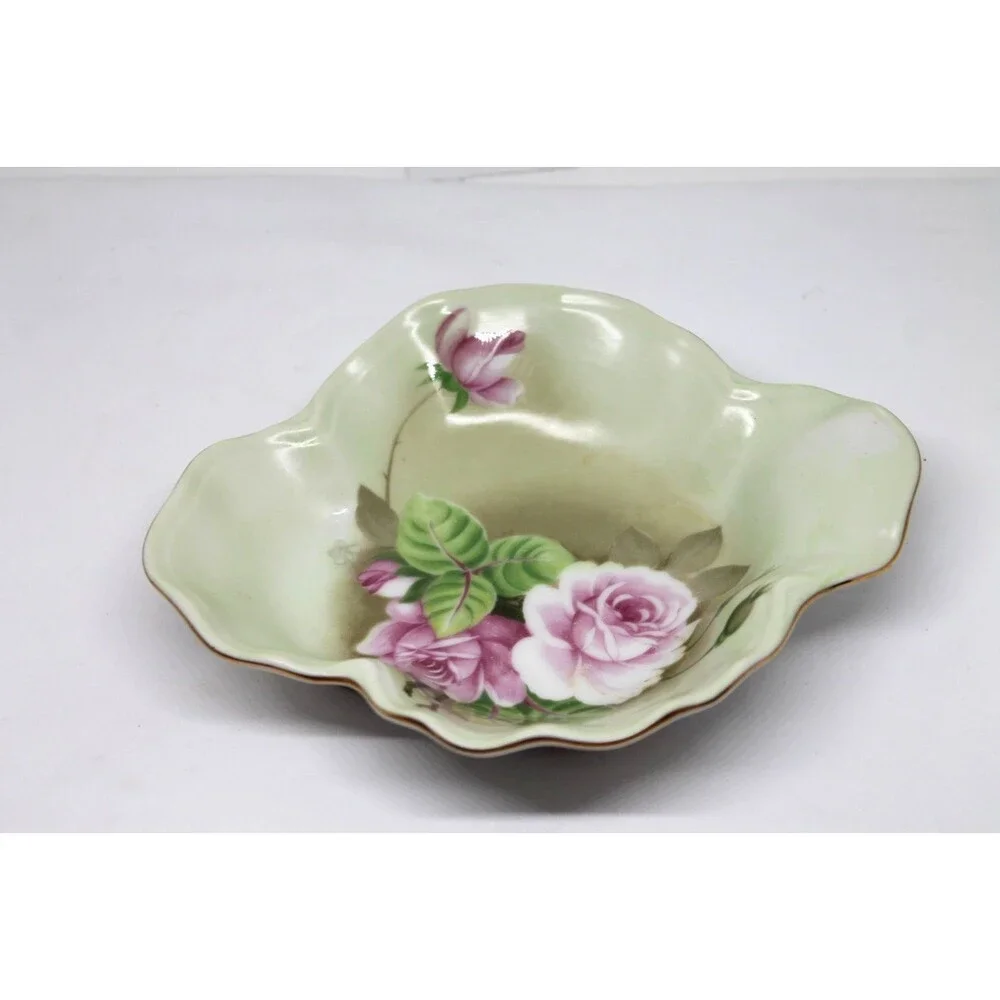 Lefton Bone China Heritage Green Cabbage Rose 1860 Candy Trinket Dish 05862